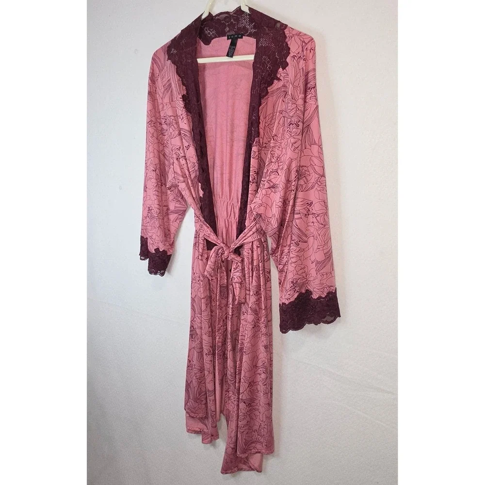 Soma Intimates Floral Lace Trim Wrap Robe Mauve Pink Burgundy XL Loungewear